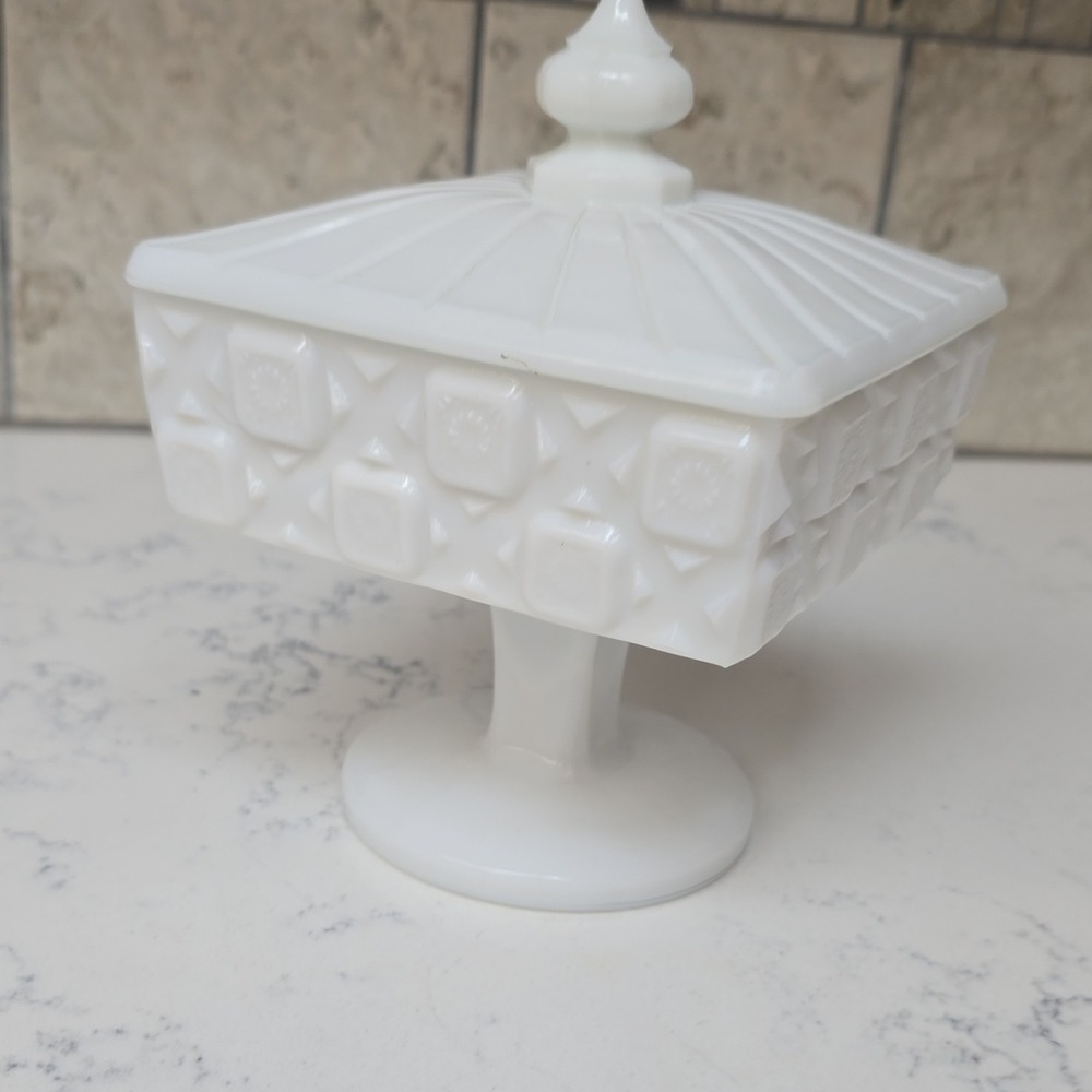Vintage Westmoreland Milk Glass Old Quilt Square Covered Candy Dish Pedestal